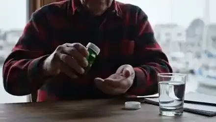 A man in his sixties at a kitchen table by a window tipping two dark capsules from a small bottle into his palm
