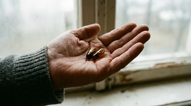 Two dark liquid-filled capsules resting in an open palm held up toward a window