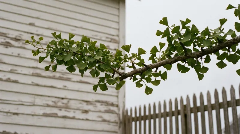 A low branch of a ginkgo tree with fan-shaped leaves against a pale sky beside a weathered wooden fence