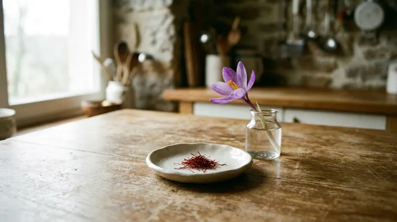 A small white dish of dark red saffron threads on a wooden table beside a single purple crocus flower