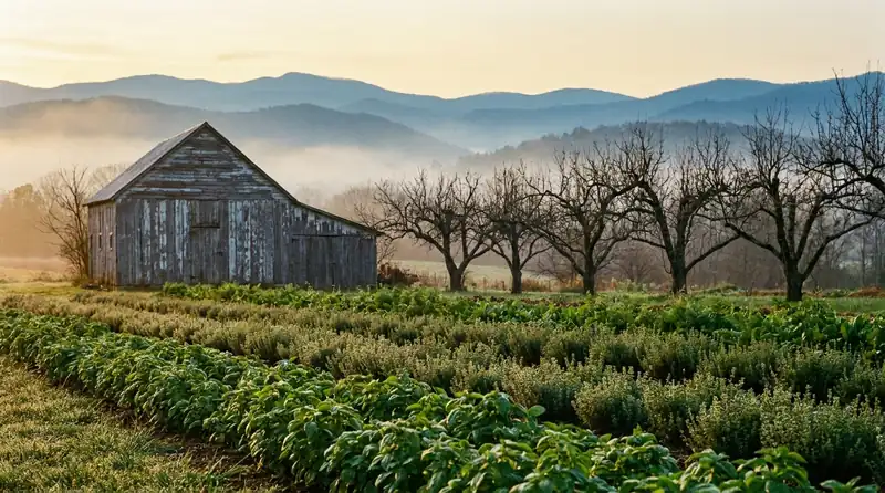 Rows of low green herbs in a small mountain farm field with a wooden barn and misty ridges behind