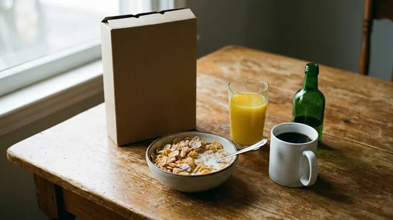 A bowl of cereal beside its box, a glass of juice, a mug of coffee and a small green bottle on a wooden table