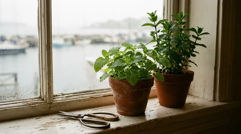 Pots of lemon balm and spearmint on a wooden windowsill beside a pair of scissors