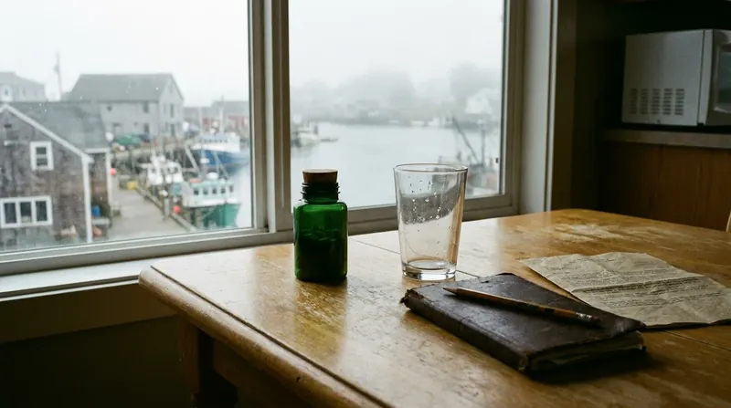 A kitchen table with a small green bottle, an empty water glass and a closed notebook with a pencil across it