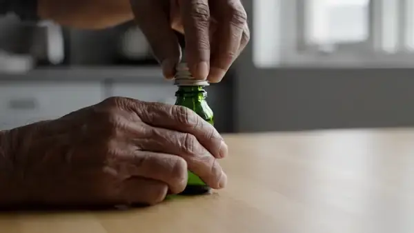 A man's hands unscrewing a small green bottle and tipping two capsules into his palm on a kitchen table