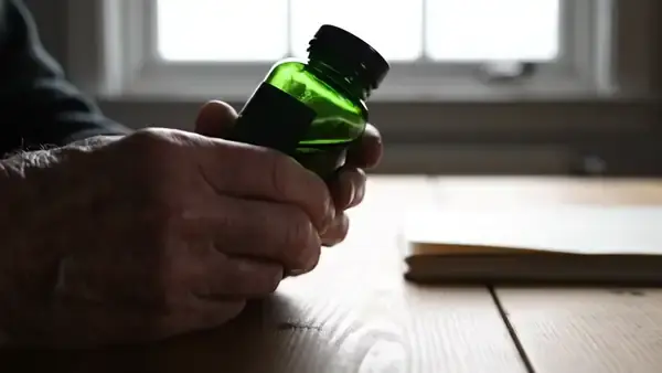 A man's hands turning a small bottle around to read the back of it and setting it down on a table