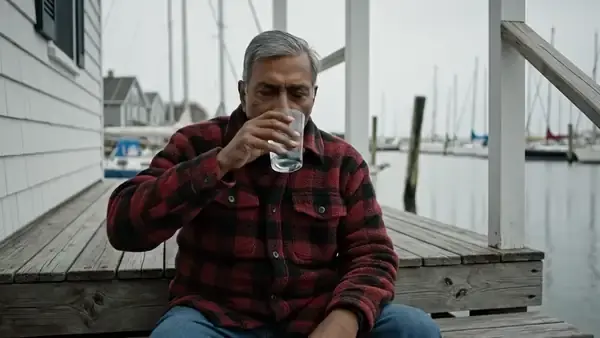 A man in his sixties on a porch step finishing a glass of water and looking out toward the water