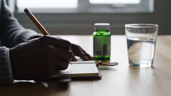 A man's hands writing a line in a small notebook beside a small green bottle and a glass of water
