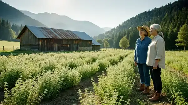 Rows of low green herbs swaying in a morning breeze in a mountain valley farm field